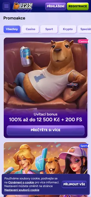 Mobilní web Spinbara, přehled promoakcí s uvítacím bonusem